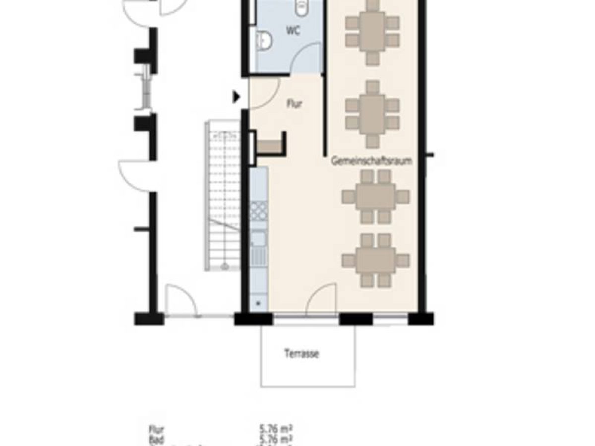 Der Grundriss unseres Gemeinschaftsraums in Kirchfeld-Nord. Zum großen Gemeinschaftsraum gehören eine Küche, ein WC, ein Vorraum und eine Terrasse.