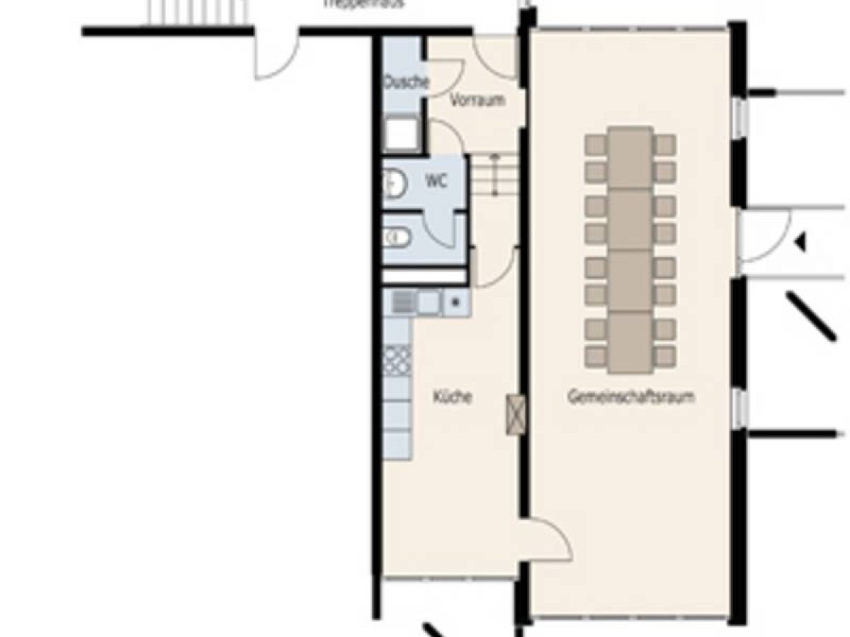 Der Grundriss des Gemeinschaftsraums im Rintheimer Feld. Zum großen Gemeinschaftsraum gehören eine Küche, ein WC mit Dusche und ein Vorraum.