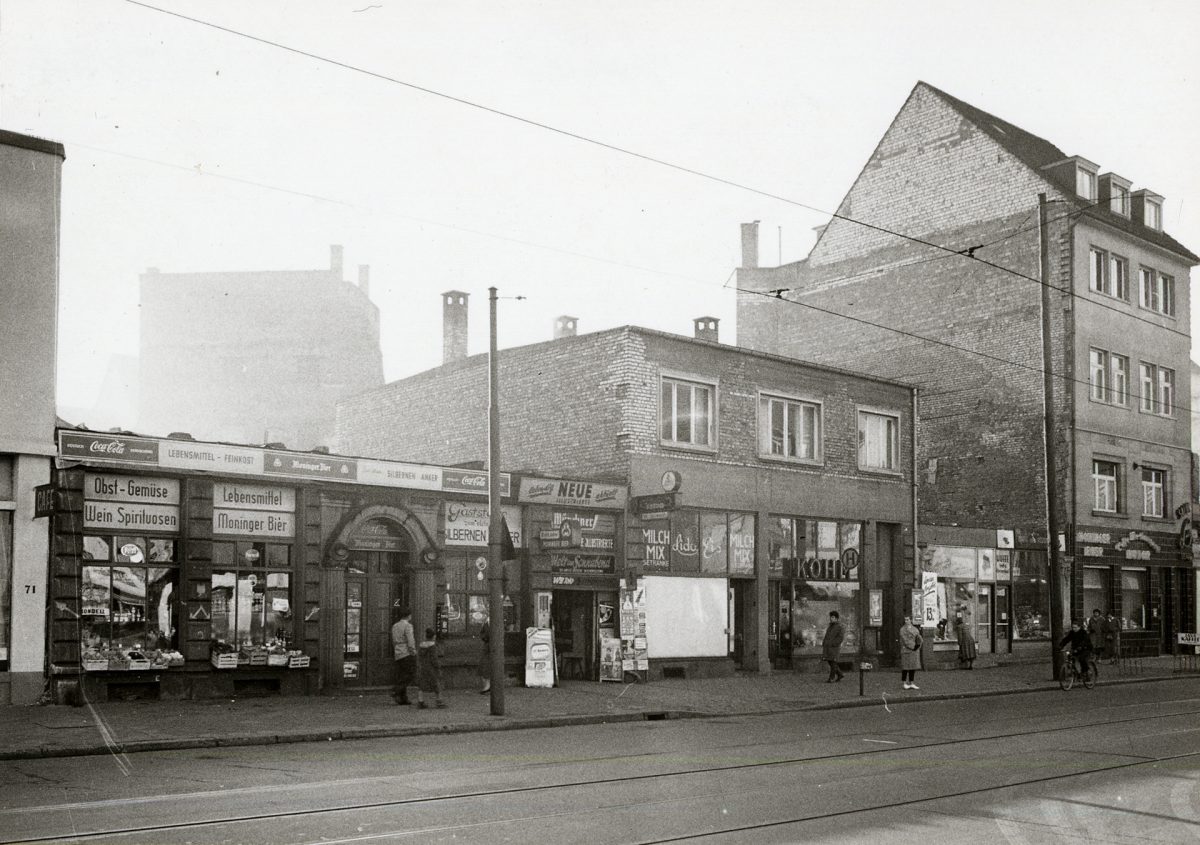 Historische Aufnahme des Karlsruher Dörfles in der Altstadt von 1956.