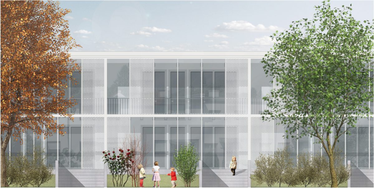 Visualisierung der Klimahülle im Dammerstock, wobei eine Art verglaster Wintergarten entsteht.