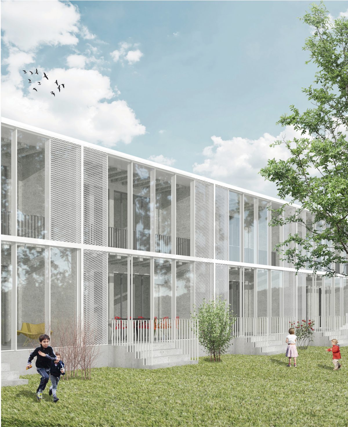 Visualisierung der Klimahülle im Dammerstock, wobei eine Art verglaster Wintergarten entsteht.