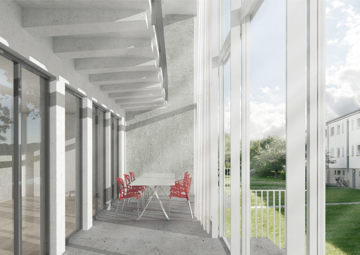 Visualisierung der Klimahülle im Dammerstock, wobei eine Art verglaster Wintergarten entsteht.