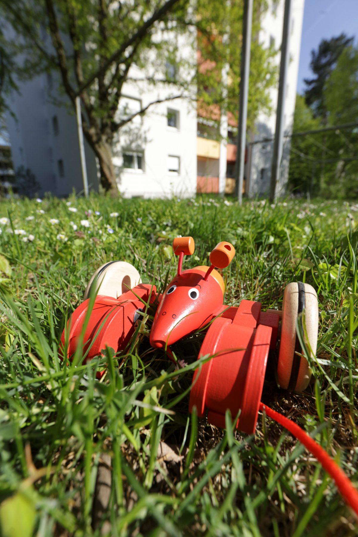 Eine rote Spielzeugmaus liegt im Gras.