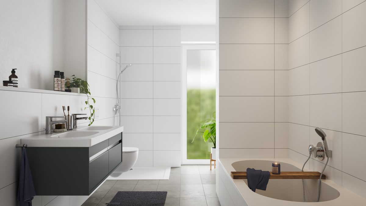 Visualisierung eines beispielhaft eingerichteten Badezimmers einer Eigentumswohnung im Wohnpark Mittendrin.