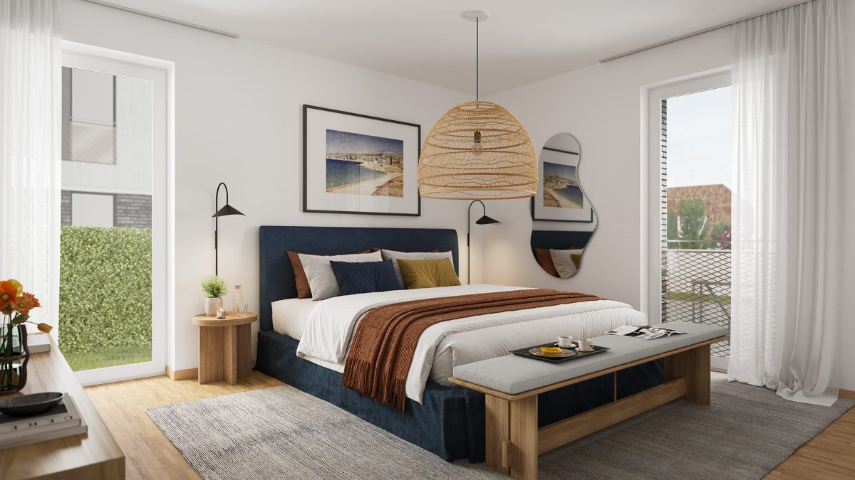 Visualisierung eines beispielhaft eingerichteten Schlafzimmers einer Eigentumswohnung im Wohnpark Mittendrin.