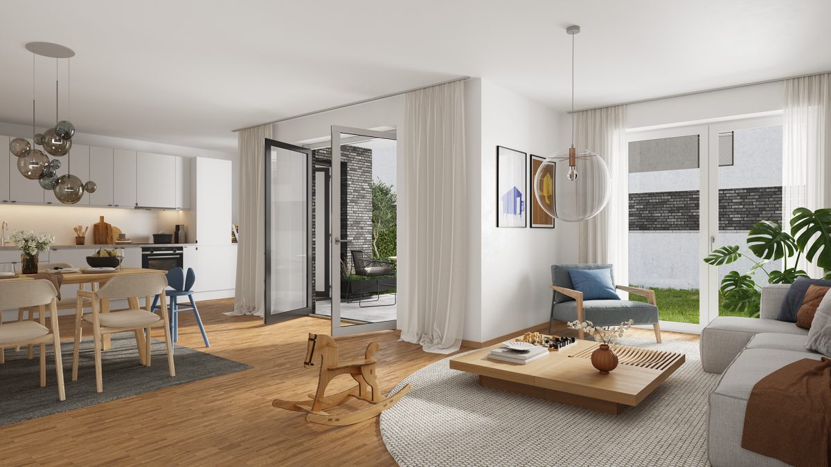 Visualisierung eines beispielhaft eingerichteten Wohnzimmers einer Eigentumswohnung im Wohnpark Mittendrin.