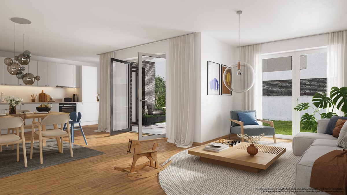 Visualisierung eines beispielhaft eingerichteten Wohnzimmers einer Eigentumswohnung im Wohnpark Mittendrin.