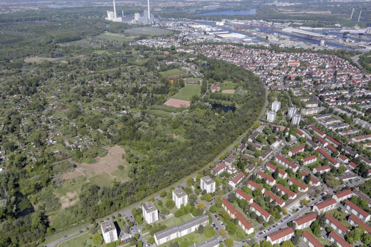 Luftbild von Daxlanden mit Sicht auf den Rheinhafen.