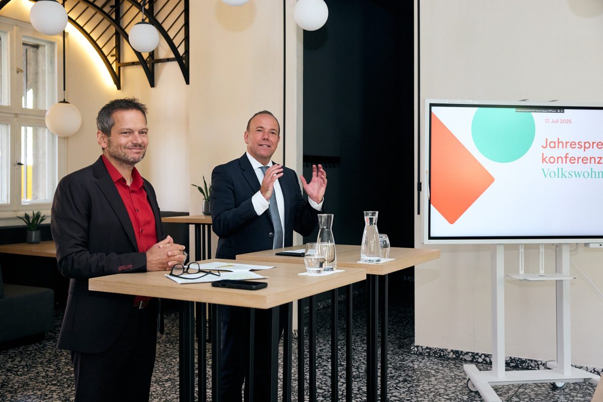 Volkswohnungs Geschäftsführer Stefan Storz, sowie der Aufsichtsratsvositzender Daniel Fluhrer stehen bei der Pressekonferenz vor den Journalist:innen und erläutern die wichtigsten Inhalte.