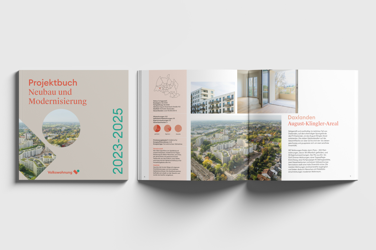 Mockup unseres Projektbuchs vom Titel und einer Innenseite für das Neubauprojekt im August-Klingler-Areal.