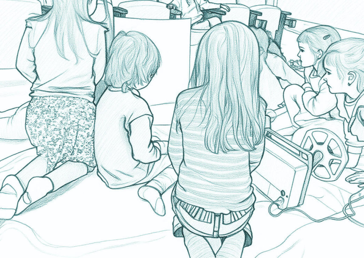 Die Kinder sitzen im Kreis auf dem Boden und schauen auf einen kleinen Filmprojektor, der vor ihnen aufgestellt ist. Sie wirken interessiert und konzentrieren sich auf die Leinwand.